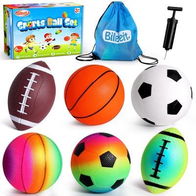 Billeeit Small Sports Balls for Toddler Pack of 6, Easter Gifts for Kids, 2 Each of 5" Football, Basketball, Soccer for Playground, Toy Balls Inflatable Multi-Sport Ball Set with 1 Pump