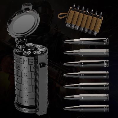 CZYY Rifle Bullet Dice Set - Solid Metal 7 Polyhedral Dice Set with Spinning Container Case & Cartridge Holder Belt - Perfect Role Playing Dice Set for DND, Tabletop Games (Black)