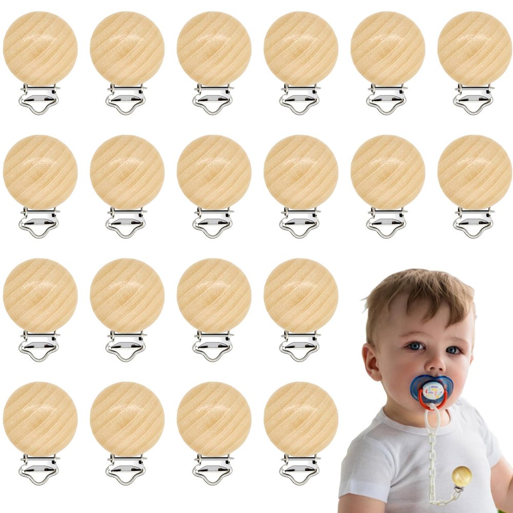 20 Pieces Wood Pacifier Clips Teething Grasping Toy Suspender Clips Natural Beech Wood Pacifier Clip Holder Charm DIY Pacifier Clips Chain Accessories