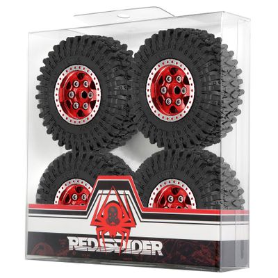 1.0 Crawler Tires and Aluminum Beadlock Wheels 4pcs 55 * 20mm 1.0 Beadlock Wheels and Tires Set for 1/18 TRX4M 1/24 RC Crawler Car Axial SCX24 FMS FCX24 Gladiator Bronco C10 (Red6-Spoke)