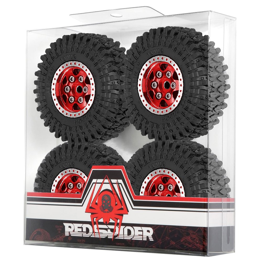 1.0 Crawler Tires and Aluminum Beadlock Wheels 4pcs 55 * 20mm 1.0 Beadlock Wheels and Tires Set for 1/18 TRX4M 1/24 RC Crawler Car Axial SCX24 FMS FCX24 Gladiator Bronco C10 (Red6-Spoke)