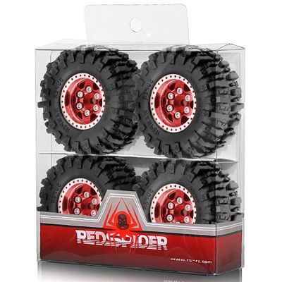 1.0 Beadlock Wheels and Tires Set4pcs Aluminum Wheel Hub 1.0 Tires OD 55mm/2.2in 1.0 Crawler Tires for Axial SCX24 AX24 TRX4M FCX24 Upgrade 1/24 1/18 RC Crawler Car (Red6-Spoke)