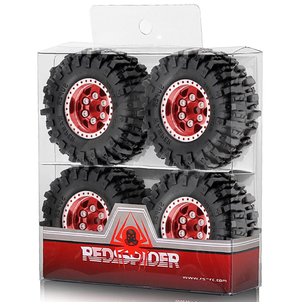 1.0 Beadlock Wheels and Tires Set4pcs Aluminum Wheel Hub 1.0 Tires OD 55mm/2.2in 1.0 Crawler Tires for Axial SCX24 AX24 TRX4M FCX24 Upgrade 1/24 1/18 RC Crawler Car (Red6-Spoke)