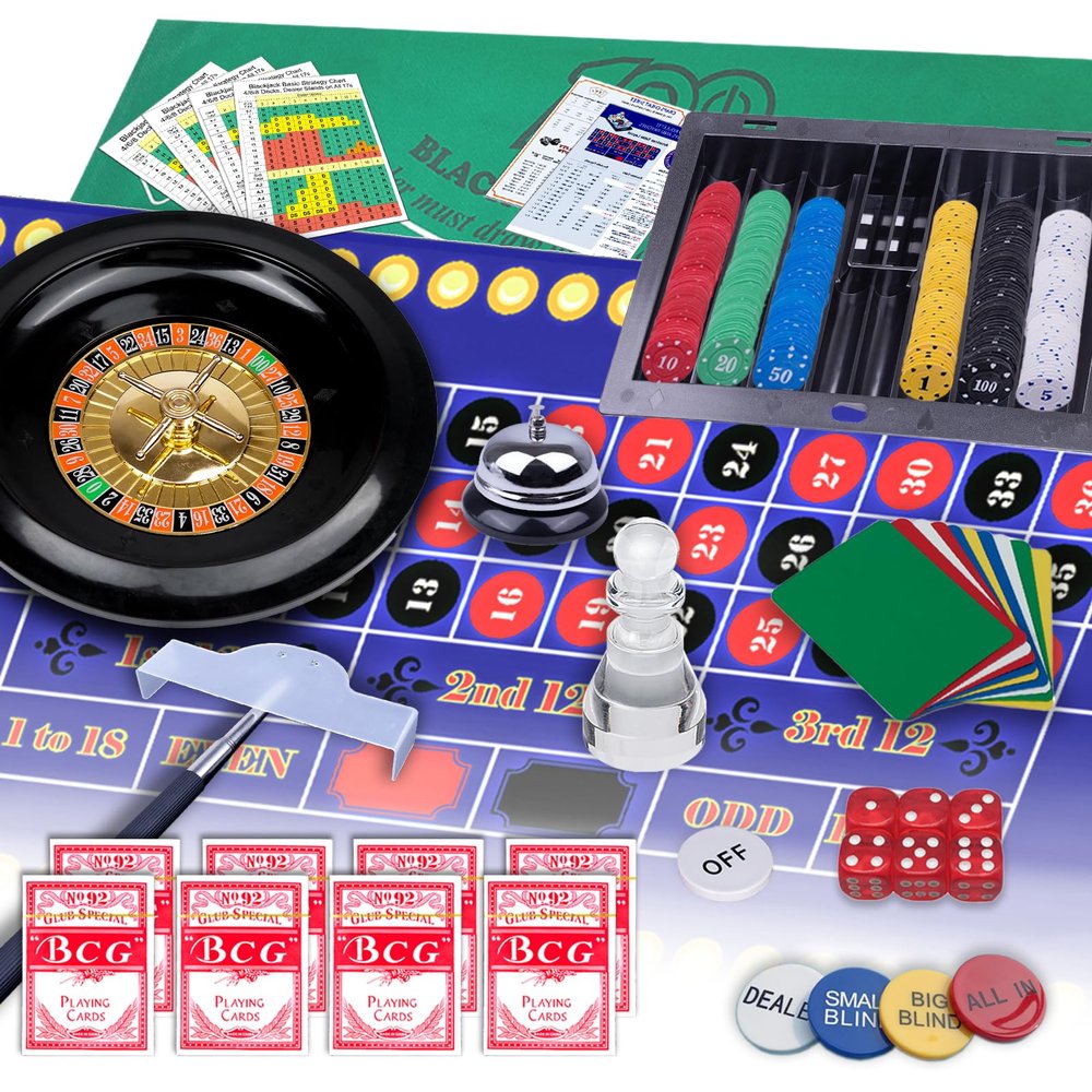 5 in 1 Premium Casino Game Set: Blackjack/Roulette/Craps/Texas Holdem/Poker Game Kit with 360 Chip+8 Deck Card+Roulette Wheel+2 Two-Sided Felt+6 Dice+Stratedgy Card,Texas Holdem Poker Blackjack Set