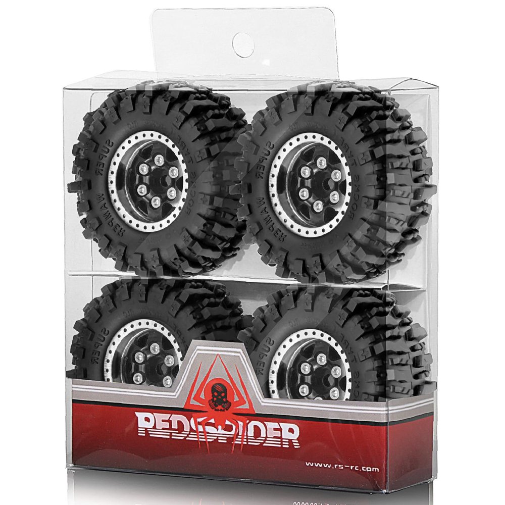 1.0 Beadlock Wheels and Tires Set4pcs Aluminum Wheel Hub 1.0 Tires OD 55mm/2.2in 1.0 Crawler Tires for Axial SCX24 AX24 TRX4M FCX24 Upgrade 1/24 1/18 RC Crawler Car (Black(6-Spoke))