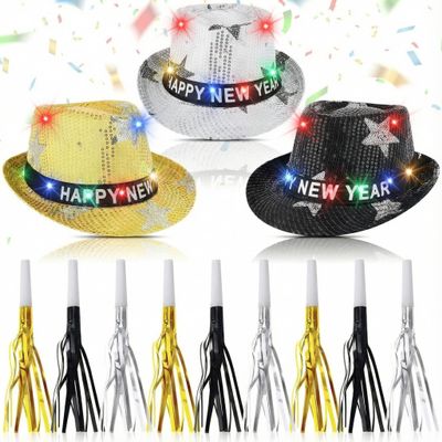 Geyoga 6 Pcs 2026 Happy New Year Party Hat Kit Include 3pcs LED Light up Sequin Hats and 3pcs Fringe Squawkers New Years Eve Party Supplies for 2026 Decorations Favors