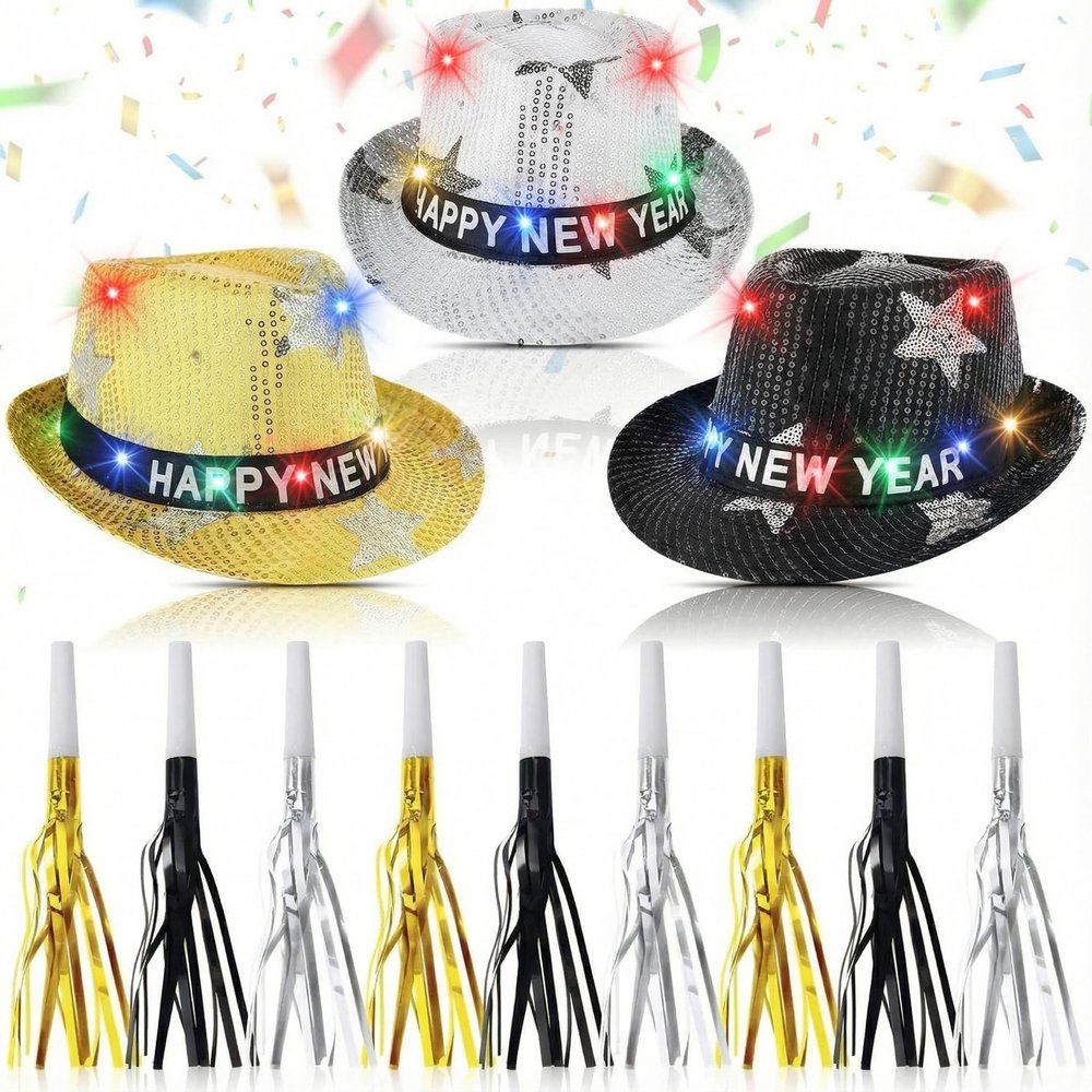 Geyoga 6 Pcs 2026 Happy New Year Party Hat Kit Include 3pcs LED Light up Sequin Hats and 3pcs Fringe Squawkers New Years Eve Party Supplies for 2026 Decorations Favors