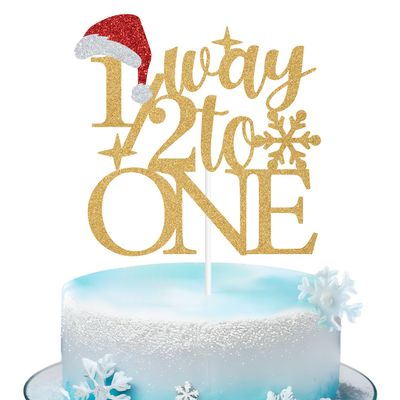 1/2 Way to One Cake Topper, Half Way to One, Happy 6 Months, Winter Snowflake Christmas Half Birthday Party Decorations Supplies for Kids, Gold Glitter
