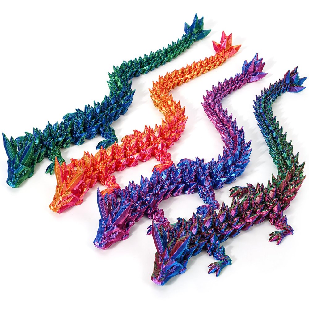 3D Printed Dragon 8.7'', 4PCS Flexible Articulated Crystal Dragon Fidget Toy, 3D Printer Animal Decor (4-Piece Set-B)