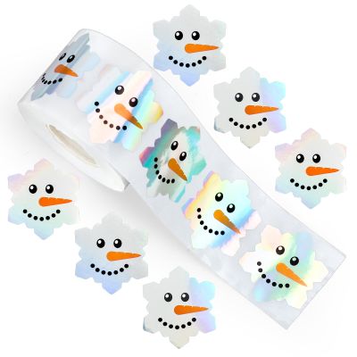 Whaline Christmas Winter Snowman Face Stickers Roll Snowflake Shape Holographic Laser Seal Stickers Xmas Waterproof Self-Adhesive Decals for Envelope Journal Decor Party Supplies, 500Pcs