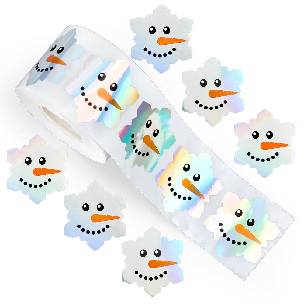 Whaline Christmas Winter Snowman Face Stickers Roll Snowflake Shape Holographic Laser Seal Stickers Xmas Waterproof Self-Adhesive Decals for Envelope Journal Decor Party Supplies, 500Pcs