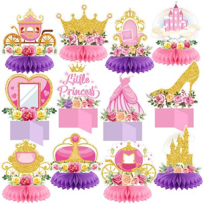 12 Pcs Floral Princess Themed Birthday Party Decorations Princess Honeycomb Centerpieces Pink Gold Flowers Castle Crown Carriage Table Decoration Table Toppers for Party Favors Supplies
