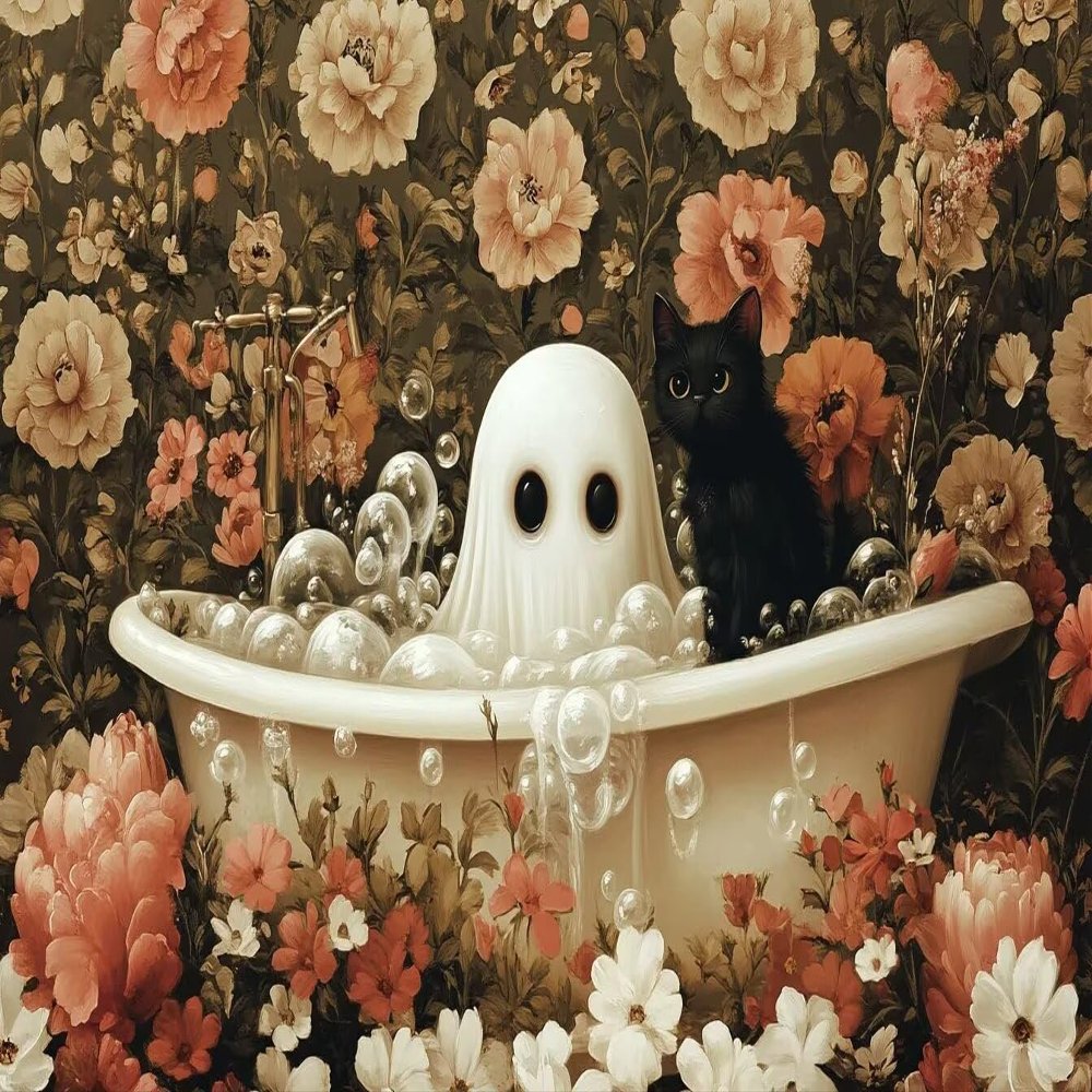 1000 Adult Puzzles, Black Cat and Flower Bathtub, Little Ghost Provides Stunning Halloween Colors for Puzzle Enthusiasts