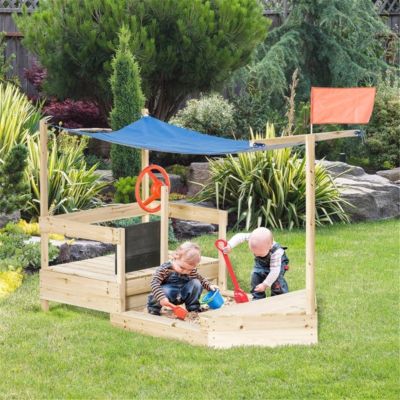 Children's Sandbox, Boat-Shaped Sandbox, Flag, Rudder, Blackboard and 2 Side Seats, Shade, Foldable Design, Smooth Surface, Suitable for Children Aged 3 to 8, Natural and Blue Colors