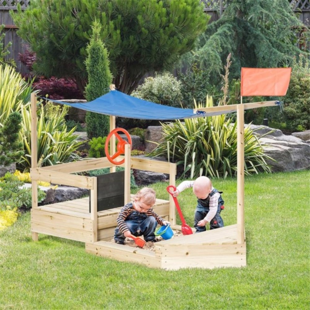 Children's Sandbox, Boat-Shaped Sandbox, Flag, Rudder, Blackboard and 2 Side Seats, Shade, Foldable Design, Smooth Surface, Suitable for Children Aged 3 to 8, Natural and Blue Colors