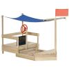 Children's Sandbox, Boat-Shaped Sandbox, Flag, Rudder, Blackboard and 2 Side Seats, Shade, Foldable Design, Smooth Surface, Suitable for Children Aged 3 to 8, Natural and Blue Colors view 2