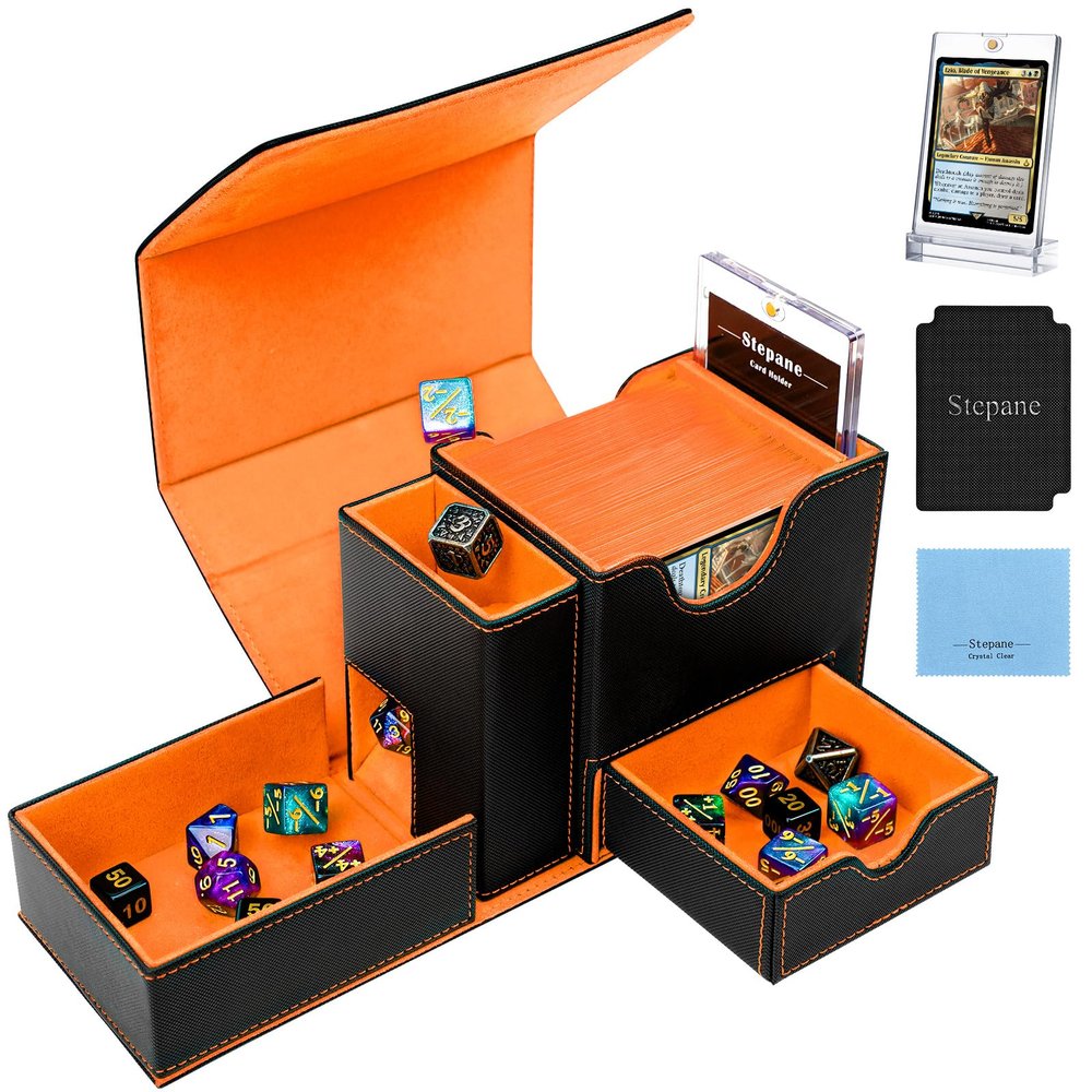 Stepane MTG Deck Box for Commander Display with Dice Tower, Fits 100 Double-Sleeved Cards for TCG/PTCG, Multifunctional Card Storage Box, with a 35PT Magnetic Card Holder (Black Orange)