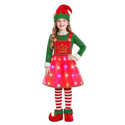 Dormstop Elf Costume for Girls Child Holiday Elf Costume Dress with LED Light up (5-6 Years)