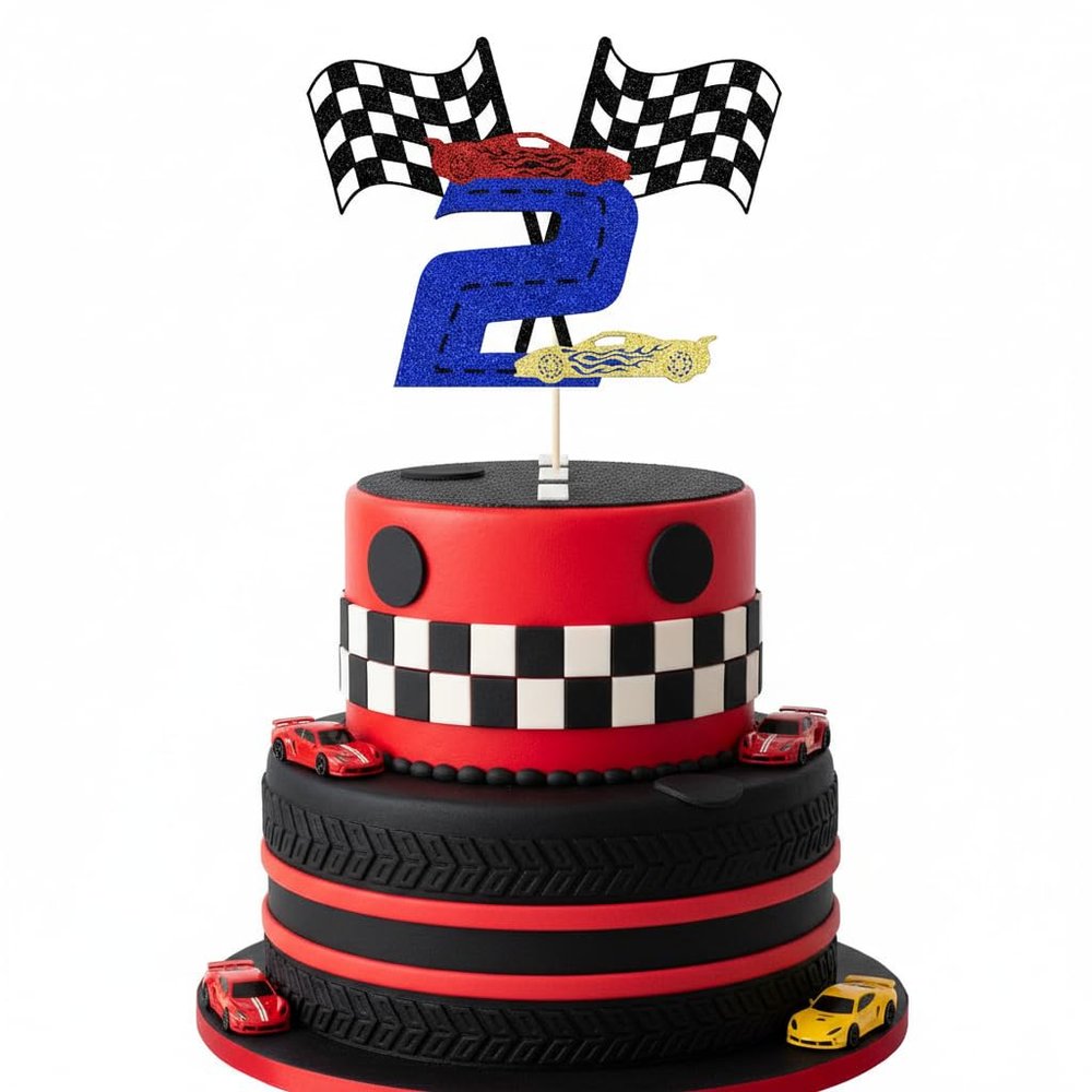 Sleyberoy Checkered Flag Racing Car Cake Topper, Karting Cake DecorSports Racing Theme Birthday/anniversary Decor (2th)