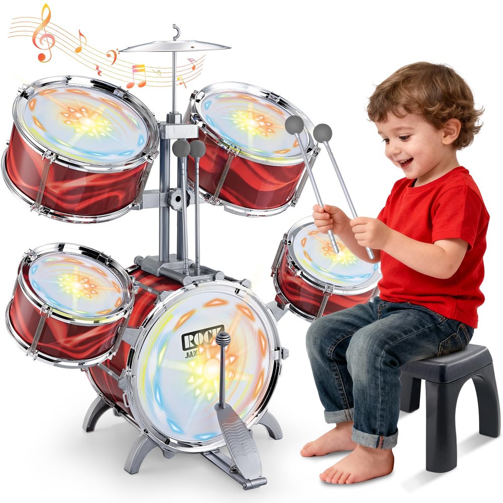 deAO Kids Drum Set for Toddlers Upgraded Jazz Drum Set with 5 High Drums & Lights, Vibrating-Controlled, Musical Instruments Toys for Toddlers 3-5 Birthday (Red)