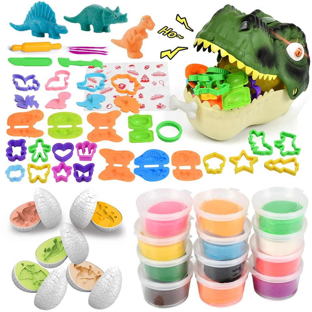 Dough Play Sets for Kids 2-4, Dinosaur Noodle Maker Toy, Toddler Play Clay Kit with Dinosaur Modle Eggs, Arts and Crafts Tools Gift for 3 4 5 6 7 8 Year Old Girls Boys (Dinosaur Head)