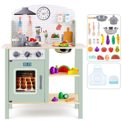 Wooden Play Kitchen for Toddlers 1-3, Kids Children Pretend Toy Kitchen Playset, Toys Kitchen with Realistic 24 Pieces Toy Accessory, Cutting Play Food Toys Gifts for Ages 3-8 Girls Boys