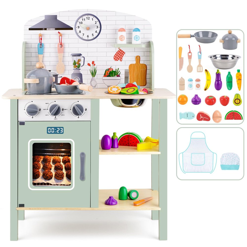 Wooden Play Kitchen for Toddlers 1-3, Kids Children Pretend Toy Kitchen Playset, Toys Kitchen with Realistic 24 Pieces Toy Accessory, Cutting Play Food Toys Gifts for Ages 3-8 Girls Boys