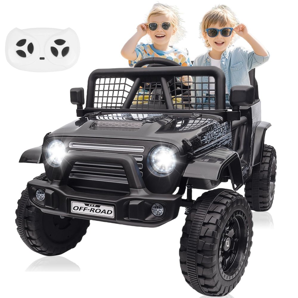 24V Ride On Jeep, Kids 2 Seater Ride On Car Truck w/4WD Motor, Remote Control, 3 Speed, Bluetooth Music, Spring Suspension, LED Light, Kids Electric Car Power Wheels Gift for Boys, Girls - Deep Black