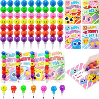 28 Pack Valentines Day Gifts for Kids Classroom Stacking Pencil with Valentines Day Cards for Kids School Fun Emojis Pencils Stationery for Valentines Party Favors Class Boys Girls Exchange Prizes