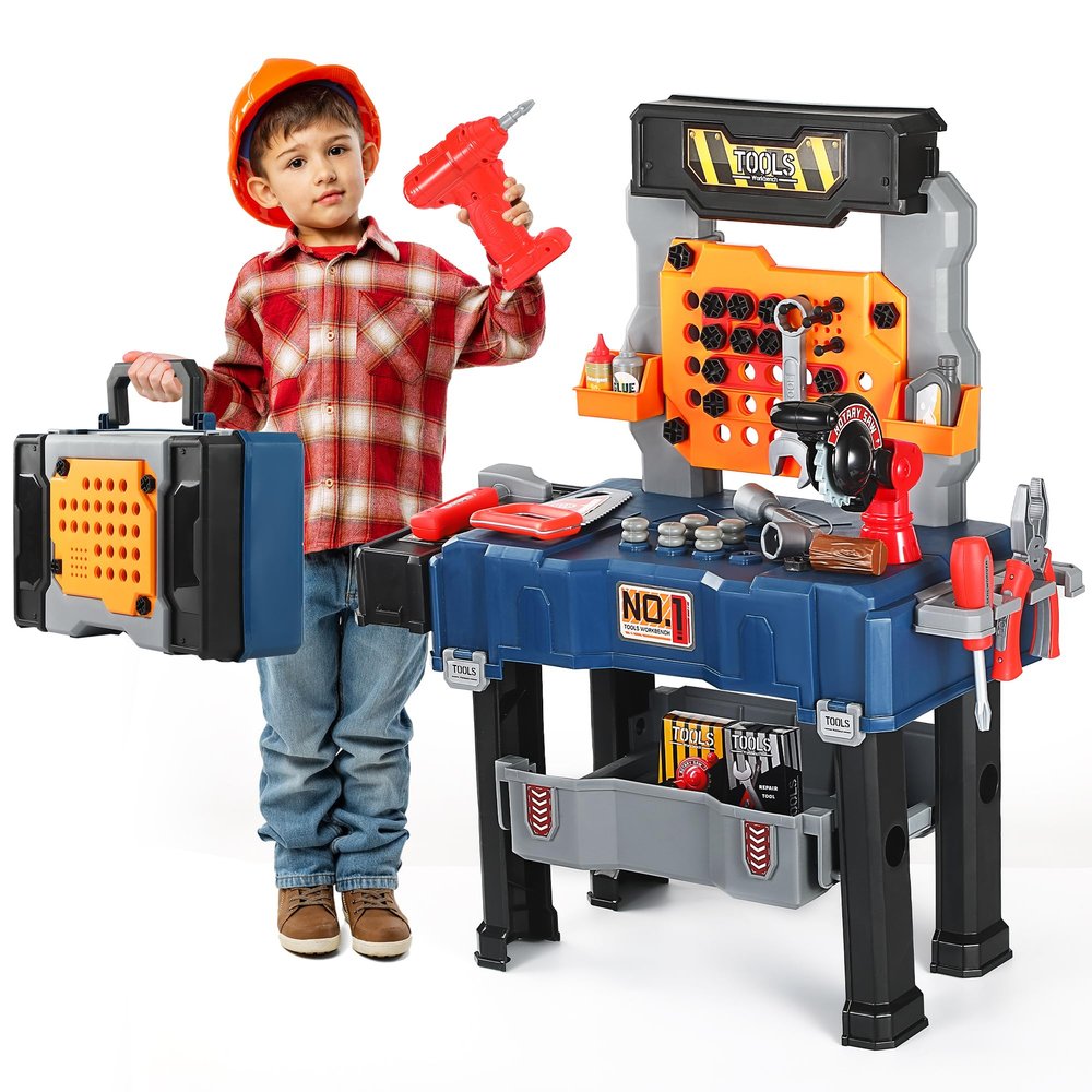 Kids Tool Bench-Power Tools Workshop-Kids Workbench, 65 Pcs Realistic Toy Tools with Electronic Toy Drill, Gift for Boys & Girls Age 3-5, Navy Blue