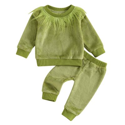 RWYBEIW Toddler Baby Boy Girl Christmas Outfits Furry Green Monster Costume Long Sleeve Fuzzy Sweatshirt Tops and Pants Set (Green, 6-12 Months)