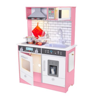 Lil' Jumbl Kids Pink Small Kitchen Set, Pretend Wooden Play Kitchen, Includes Range Hood, Microwave, Stove Top, Oven That Make Realistic Sound & Light, Pots, Pan, Cutting Board & Utensils Included