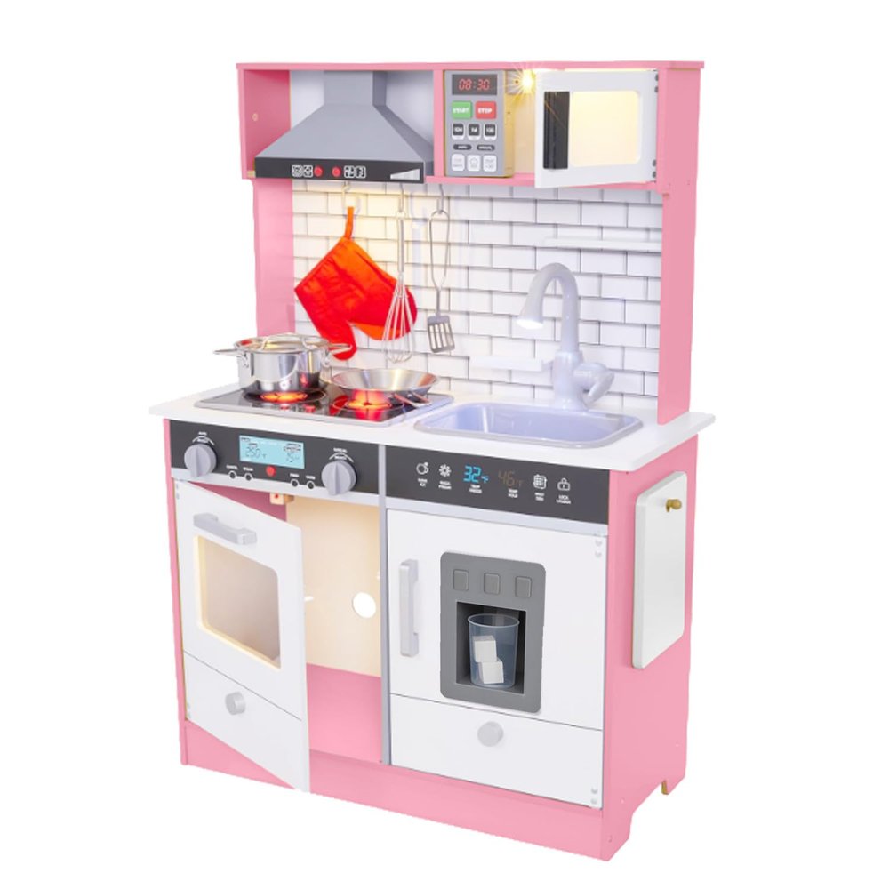 Lil' Jumbl Kids Pink Small Kitchen Set, Pretend Wooden Play Kitchen, Includes Range Hood, Microwave, Stove Top, Oven That Make Realistic Sound & Light, Pots, Pan, Cutting Board & Utensils Included