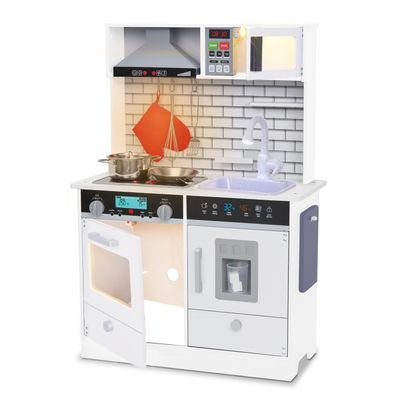 Lil' Jumbl Kids White Small Kitchen Set, Pretend Wooden Play Kitchen, Includes Range Hood, Microwave, Stove Top, Oven That Make Realistic Sound & Light, Pots, Pan, Cutting Board & Utensils Included,