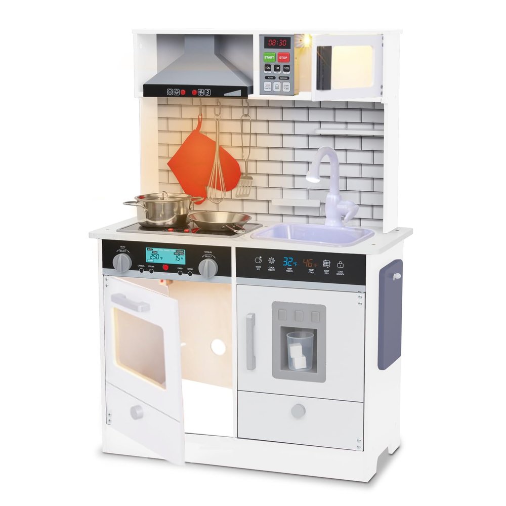 Lil' Jumbl Kids White Small Kitchen Set, Pretend Wooden Play Kitchen, Includes Range Hood, Microwave, Stove Top, Oven That Make Realistic Sound & Light, Pots, Pan, Cutting Board & Utensils Included,