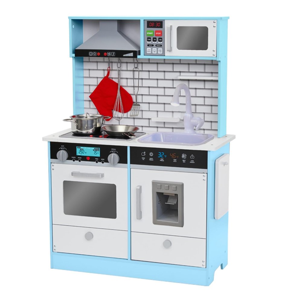Lil' Jumbl Kids Blue Small Kitchen Set, Pretend Wooden Play Kitchen, Includes Range Hood, Microwave, Stove Top, Oven That Make Realistic Sound & Light, Pots, Pan, Cutting Board & Utensils Included,