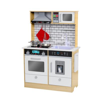 Lil' Jumbl Kids Natural Small Kitchen Set, Pretend Wooden Play Kitchen, Includes Range Hood, Microwave, Stove Top, Oven That Make Realistic Sound & Light, Pots, Pan, Cutting Board & Utensils Included,