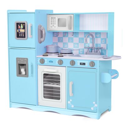 Lil' Jumbl Kids Kitchen Set, Pretend Wooden Play Kitchen with Chalk Board, Play Phone, Towel Rack & Ice Dispenser, Clicking Knobs, Pots & Utensils Included - Blue