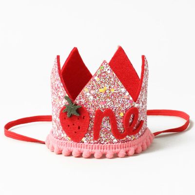 Berry First Birthday Crown, Pink 1st Birthday Hat for Baby Girls, Strawberry 1st Birthday Crown, Sweet One Party Headband for Berry First Birthday Outfit Strawberry Shortcake Decorations (3.3'')