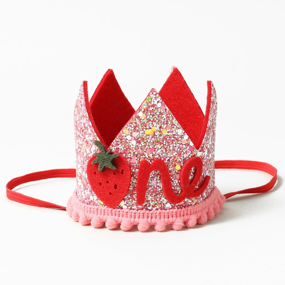 Berry First Birthday Crown, Pink 1st Birthday Hat for Baby Girls, Strawberry 1st Birthday Crown, Sweet One Party Headband for Berry First Birthday Outfit Strawberry Shortcake Decorations (3.3'')