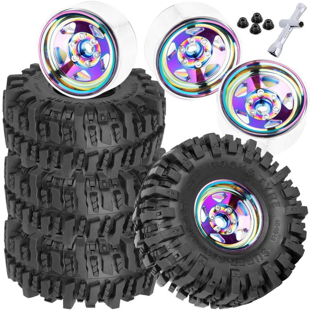 4PCS RC 1.9 in Wheel Tires for 1/10 TRX4 TRX6 SCX10 SCX10 II 90046 SCX10 III AXI03007 Gen7/8 D90 VS4-10 RC Crawler Car,BRCatWPark Alloy 1.9 Beadlock Wheel and Rubber Tires w/Sponge,Colour