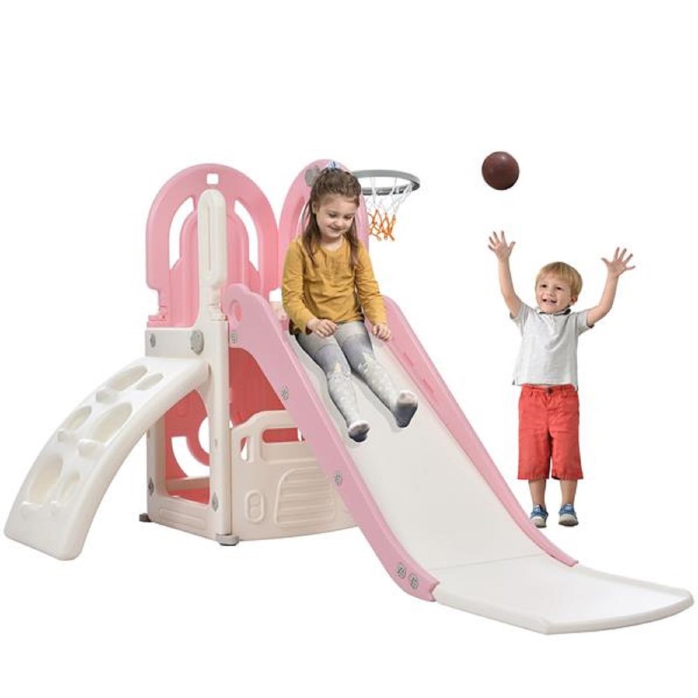 4 in 1 Climbing Frame and Slide Set, Children's Playground Climbing Frame, Free-Standing Slide Toy Set, Ladder, with Basketball Hoop Combination, Suitable for Indoor and Outdoor, Off-White and Pink