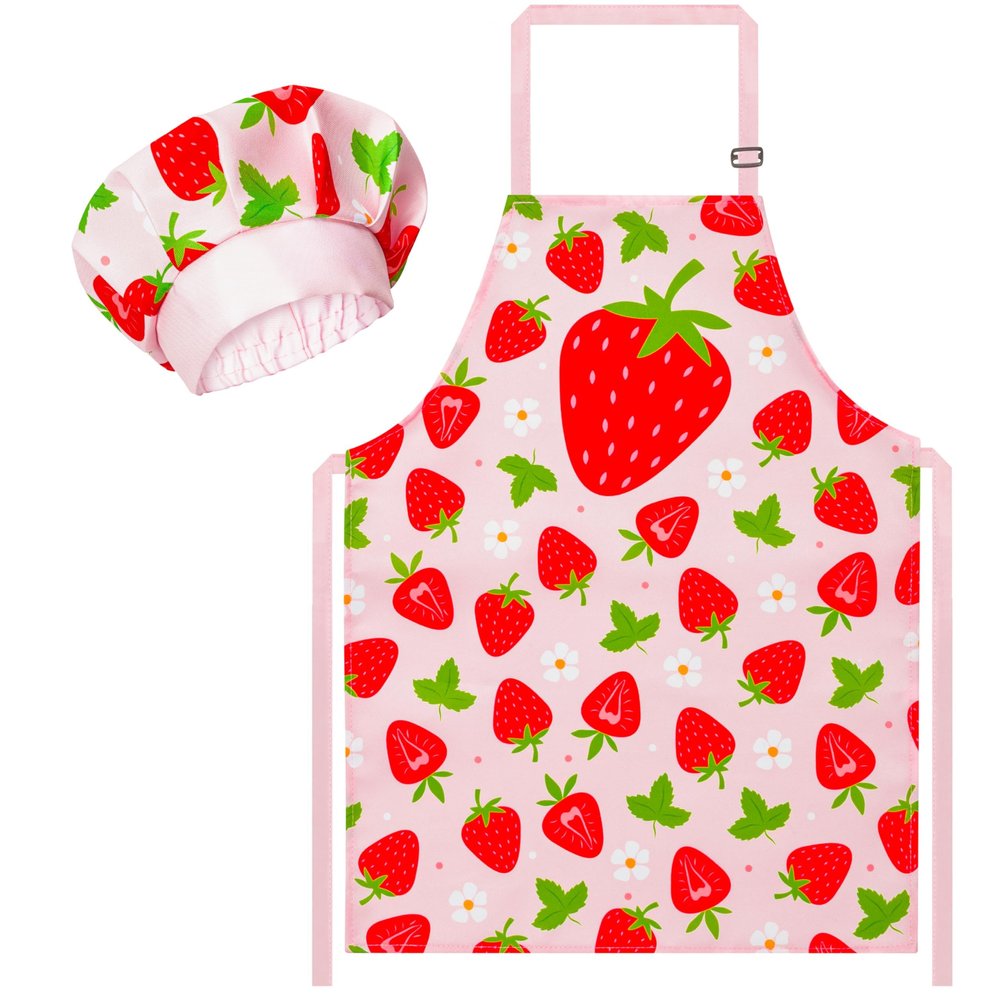 R HORSE Kid Apron and Chef Hat Set - 2Pcs Strawberry Adjustable Children Kitchen Toddler Apron for Girls Role Play Chef Toy Cooking Gift Birthday Gift for Kids Cooking Baking Painting and Training