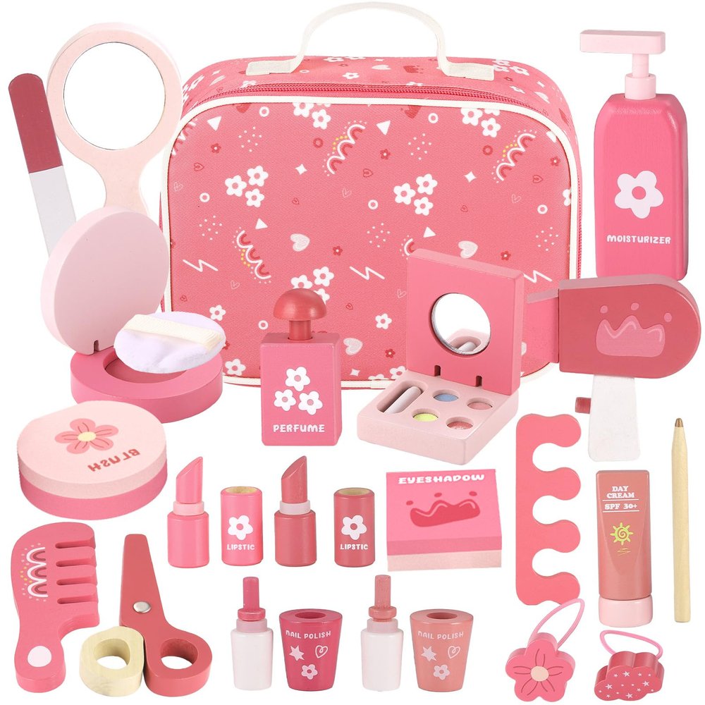 GAGAKU Wooden Makeup for Girls Ages 3-6, Wood Makeup Toy Set Toddler Make up Play Set Kit Pretend Play for Kids