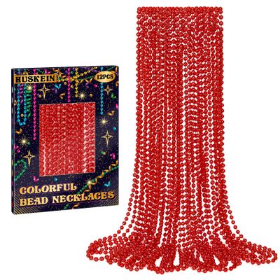 12 PCS Red Bead Necklace, 33" Red Christmas Beads Necklaces, 33" Carnival Beaded Stuff, Mardi Gras Beads Throws, Round Beads Necklaces for Mardi Gras Party Favors Christmas Celebrations Decorations