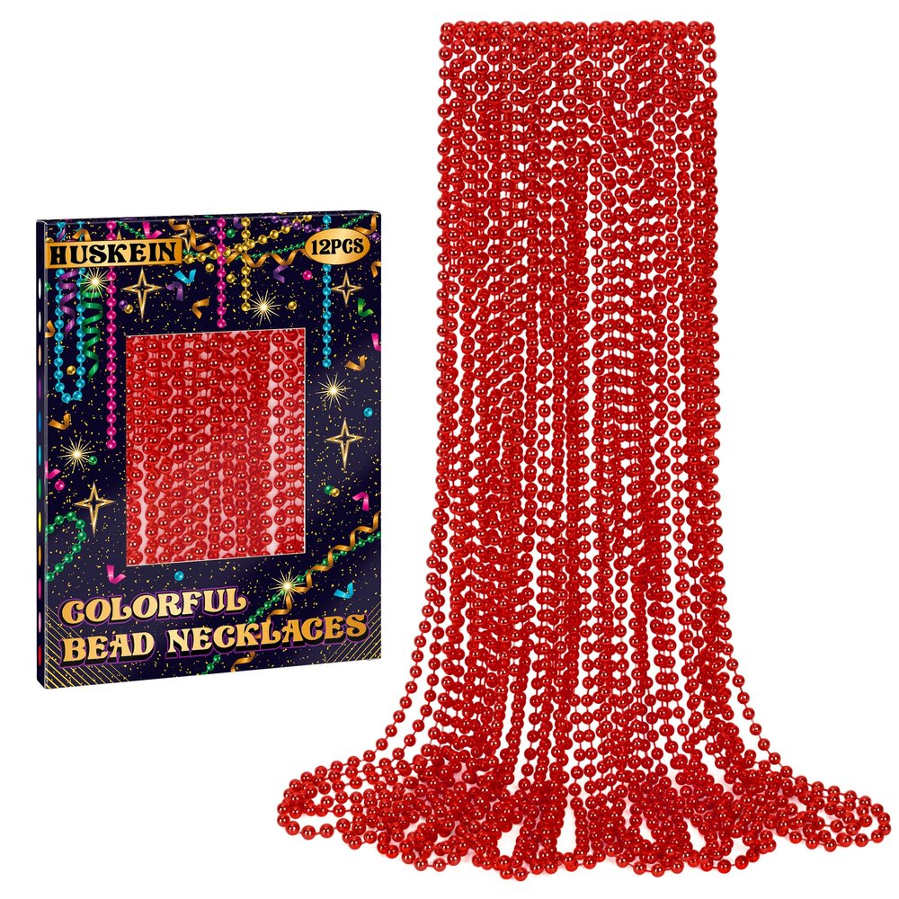 12 PCS Red Bead Necklace, 33" Red Christmas Beads Necklaces, 33" Carnival Beaded Stuff, Mardi Gras Beads Throws, Round Beads Necklaces for Mardi Gras Party Favors Christmas Celebrations Decorations