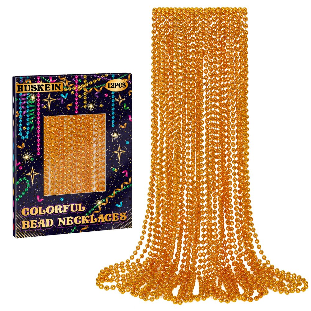 12 PCS Beaded Necklace, 33" Orange Mardi Gras Beads Necklaces Bulk, Mardi Gras Throws Accessory Set, Mardi Gras Beaded Stuff Set, Round Costume Bead Necklace for Carnival Festival Party Favors