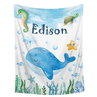 Aniruddha Custom Whale Baby Name Blanket,Personalized Whale Baby Blanket,Custom Blankets with Name for Kids,Customized Blankets for Toddlers Kids Nursery,90"x120"-Family Size