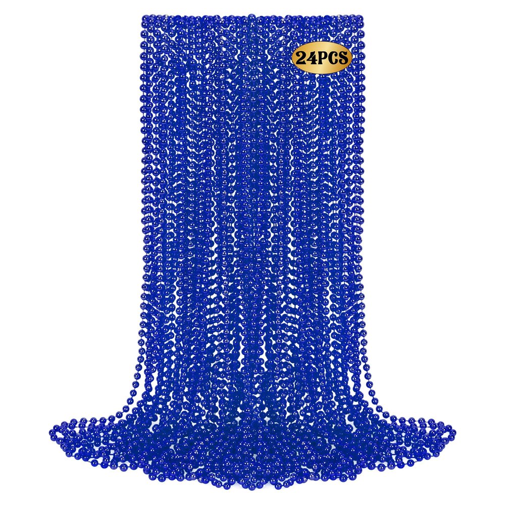 24 PCS Blue Mardi Gras Beads Necklaces, 33" Metallic Patriotic Carnival Beaded Necklaces, 4th of July Costume Necklaces, Mardi Gras Accessories for Gender Reveal Parade Throws Party Decorations