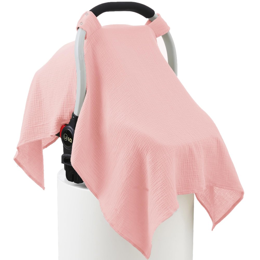 100% Muslin Cotton Car Seat Cover Baby, Carseat Canopy Cover, Universal Fit Stroller Covers for Boys and Girls (Pink)